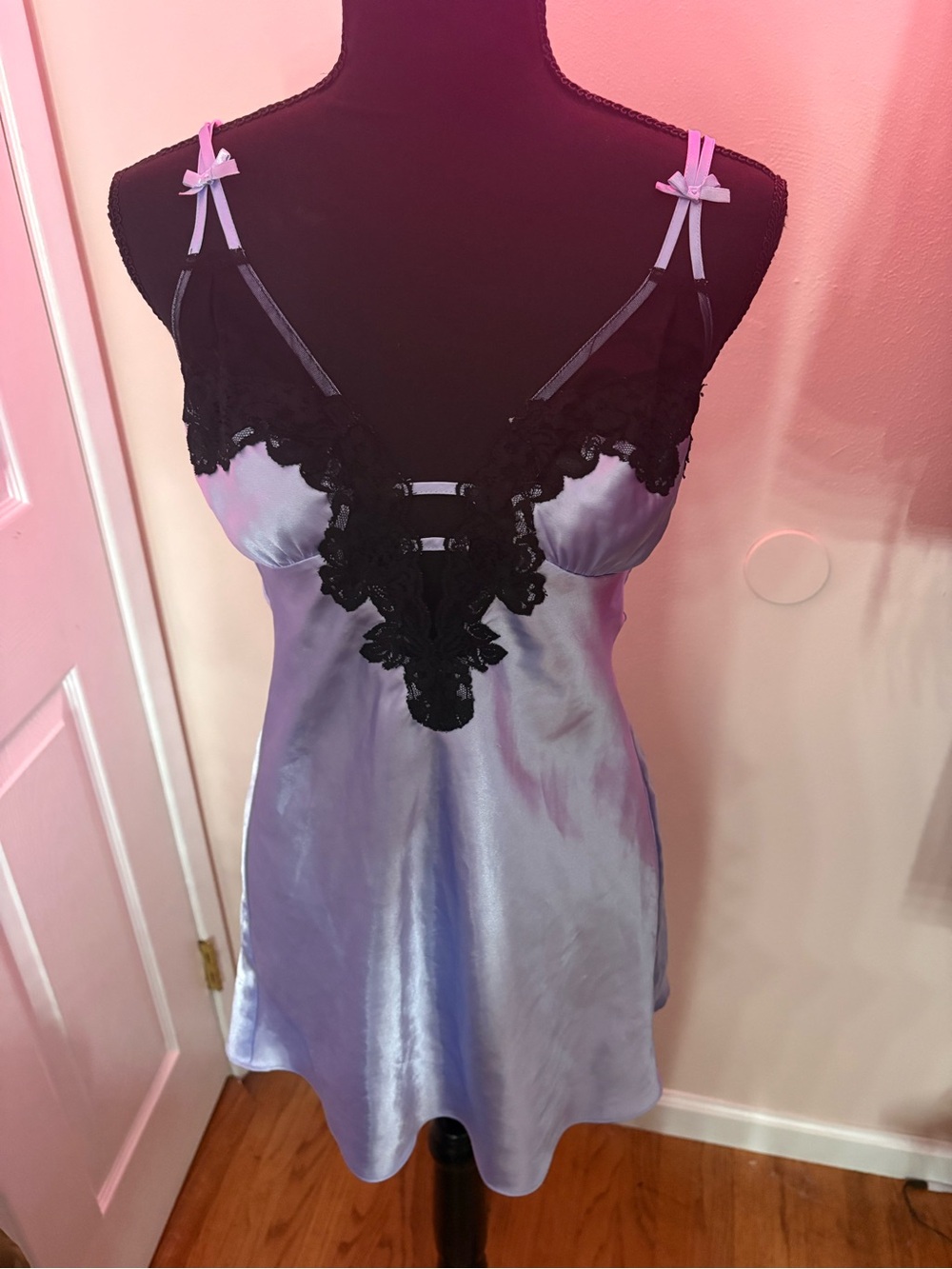 Frederick's of Hollywood Lavender Satin Chemise with Black Lace
